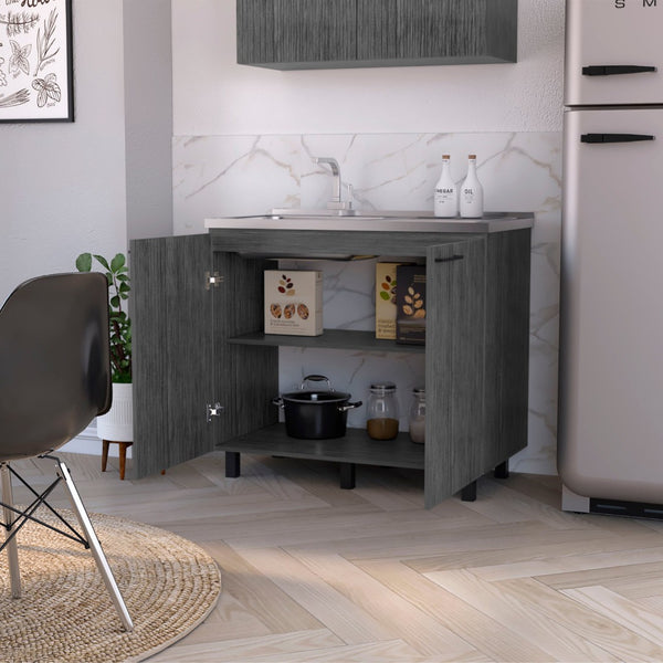 English Elm Smokey Oak Utility Sink Cabinet with Aluminum Countertop for Mudroom or Laundry Room B062S00392