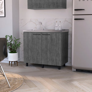 English Elm Smokey Oak Utility Sink Cabinet with Aluminum Countertop for Mudroom or Laundry Room B062S00392