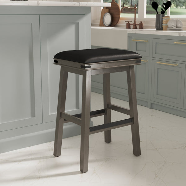 English Elm 30" Bar Stool Weathered Gray with Black Bonded Leather Seat — Solid Hardwood Frame, Durable Elegance B04660632