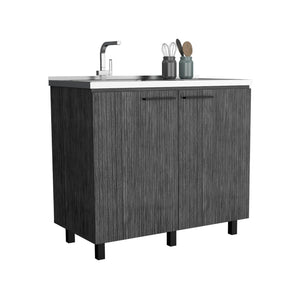 English Elm Napoles Utility Sink Cabinet Stainless Steel Top Smokey Oak Laundry Storage B200S00402