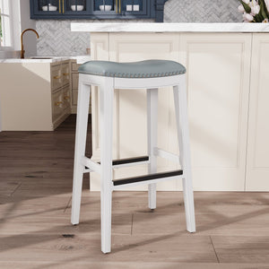 English Elm 30" Bar Height Saddle Stool with Bonded Leather Saddle Seat, Nailhead Trim & Hardwood Frame White B046109805