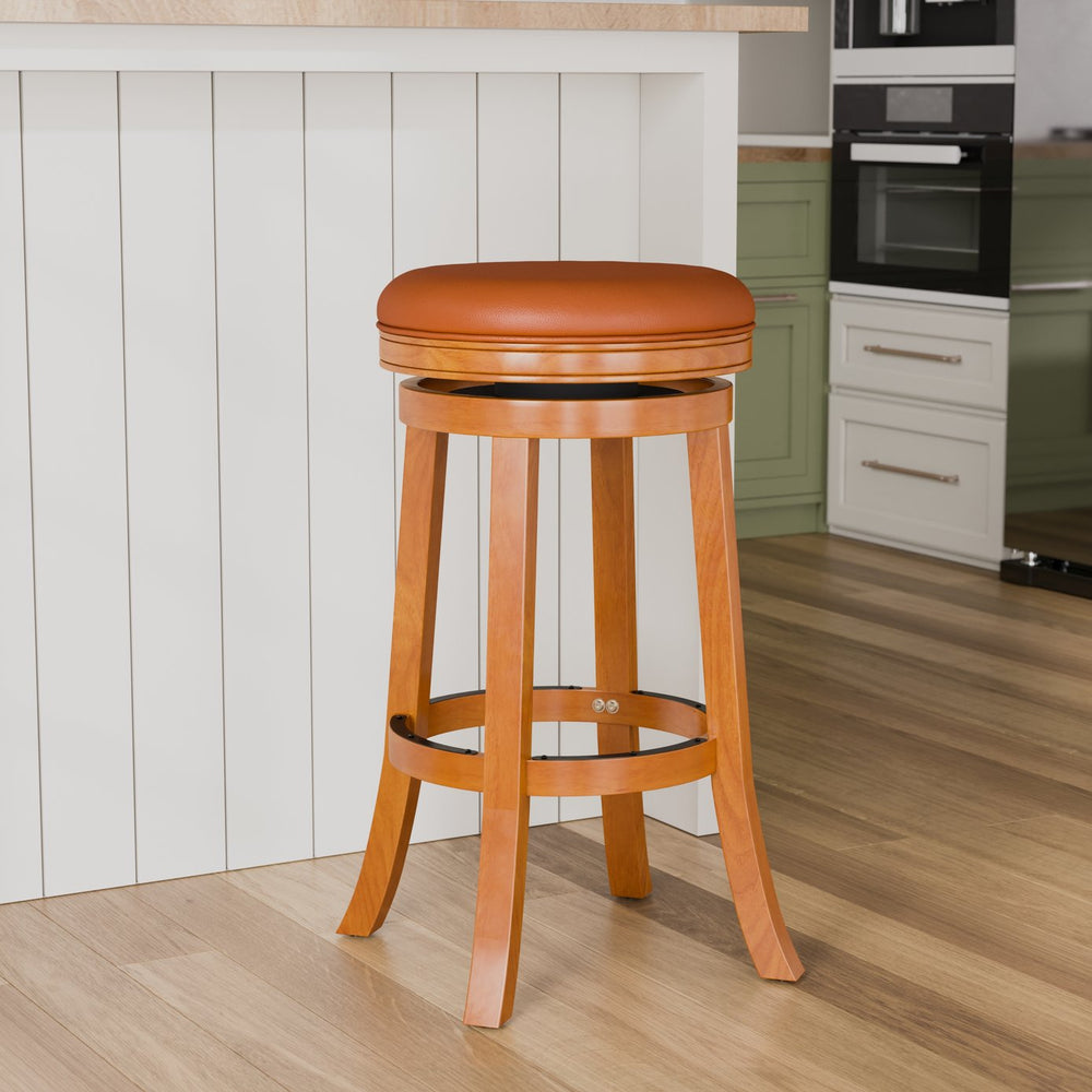 English Elm 30" Bar Stool Creede Backless Swivel, Natural Finish & Saddle Bonded Leather, Hardwood Frame, 300 lb Capacity B04660651