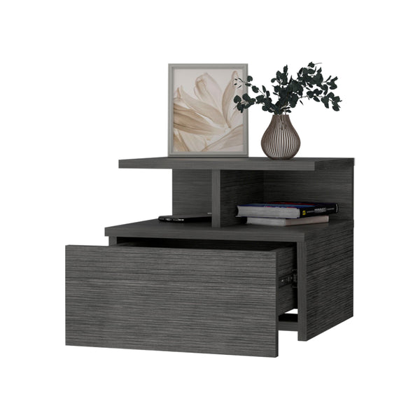 English Elm Smokey Floating Nightstand with Drawer & 2-Tier Shelf — Wall-Mountable, Compact Smokey Oak Storage Charm B062P175170