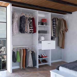 English Elm Manchester versatile closet organizer system with five open shelves, drawer and three metal rods for streamlined storage and durable particleboard design White 82.7 L x 20.9 W x 3.9 H B070S00137