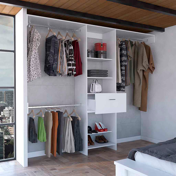 English Elm Manchester versatile closet organizer system with five open shelves, drawer and three metal rods for streamlined storage and durable particleboard design White 82.7 L x 20.9 W x 3.9 H B070S00137