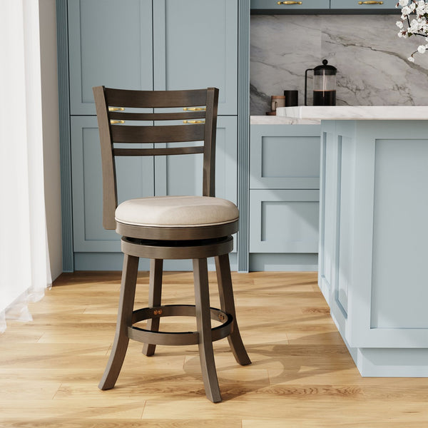 English Elm 24" Stylish Counter Height Swivel Stool With Beige Fabric Seat & Weathered Gray Finish, Perfect For Dining B04660696
