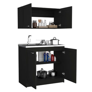 English Elm Fm Furniture Haivana Matte Black Utility Sink Cabinet with Double Doors and Storage Shelf B128S00003