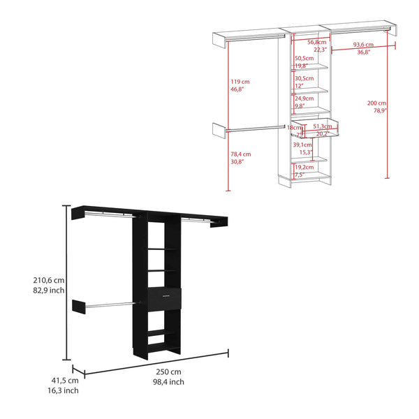 English Elm Manchester versatile closet organizer system with five open shelves, drawer and three metal rods for streamlined storage and durable particleboard design Black 82.7 L x 20.9 W x 3.9 H B070S00135