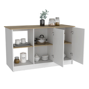 English Elm Juniper Kitchen Island with Spacious 59" Worktop, Four Open Shelves & Double-Door Cabinets B070S00128
