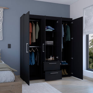 English Elm Wardrobe with mirror door, 3-door storage cabinet with drawers, shelves and hanging rail for organized living Black 71.2 L x 24.4 W x 4.7 H B097S00076