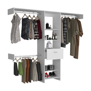 English Elm Manchester versatile closet organizer system with five open shelves, drawer and three metal rods for streamlined storage and durable particleboard design White 82.7 L x 20.9 W x 3.9 H B070S00137