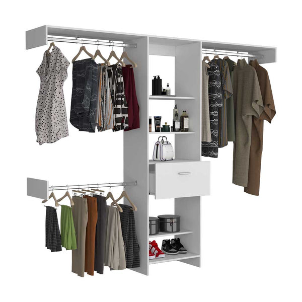 English Elm Manchester versatile closet organizer system with five open shelves, drawer and three metal rods for streamlined storage and durable particleboard design White 82.7 L x 20.9 W x 3.9 H B070S00137