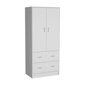 English Elm Armoire 71" H White - Compact 2-Door Closet with 2 Drawers, Hanging Rod, Durable MDP Finish B097S00072