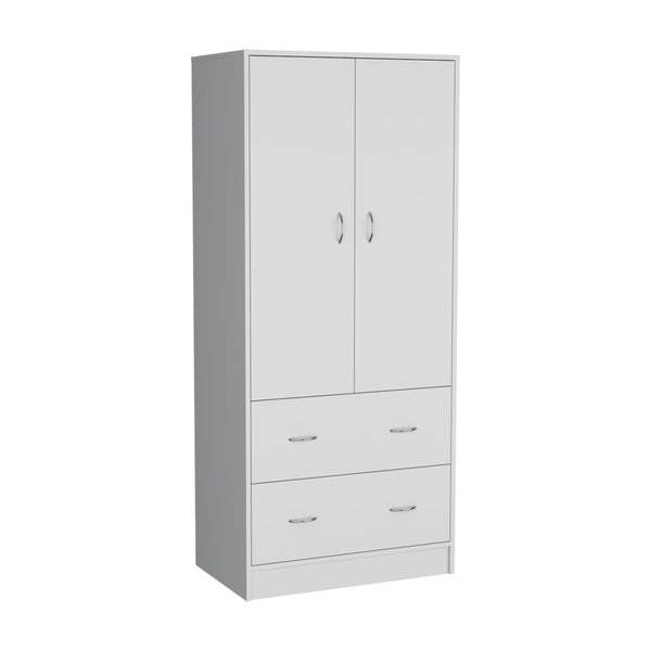 English Elm Armoire 71" H White - Compact 2-Door Closet with 2 Drawers, Hanging Rod, Durable MDP Finish B097S00072