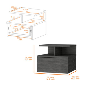 English Elm Smokey Floating Nightstand with Drawer & 2-Tier Shelf — Wall-Mountable, Compact Smokey Oak Storage Charm B062P175170