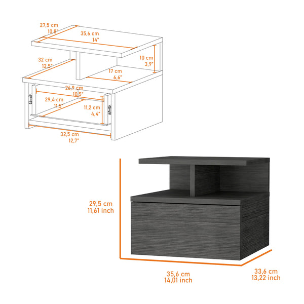 English Elm Smokey Floating Nightstand with Drawer & 2-Tier Shelf — Wall-Mountable, Compact Smokey Oak Storage Charm B062P175170