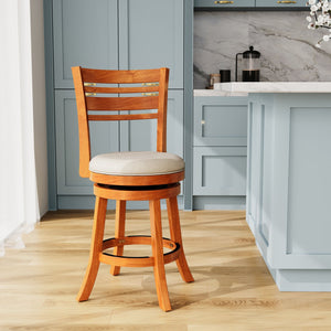 English Elm 24" Counter Height Slat Back Swivel Stool – Stylish Natural Finish With Cozy Beige Upholstered Seat B04660692