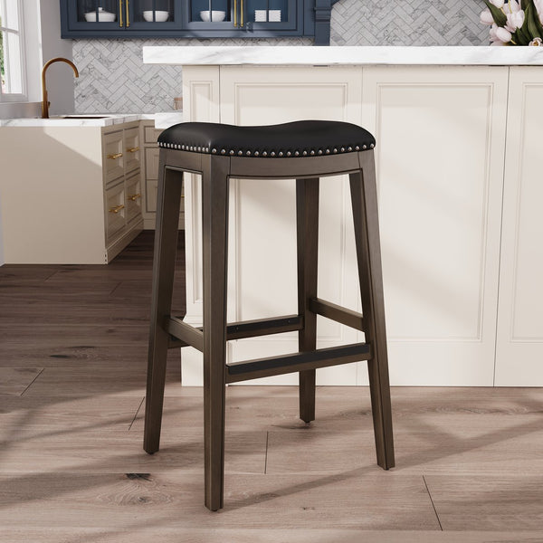 English Elm 30" Bar Height Saddle Stool with Bonded Leather Saddle Seat, Nailhead Trim & Hardwood Frame Gray B046109807