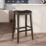 English Elm 30" Bar Height Saddle Stool, Weathered Gray Finish, Black Leather Seat