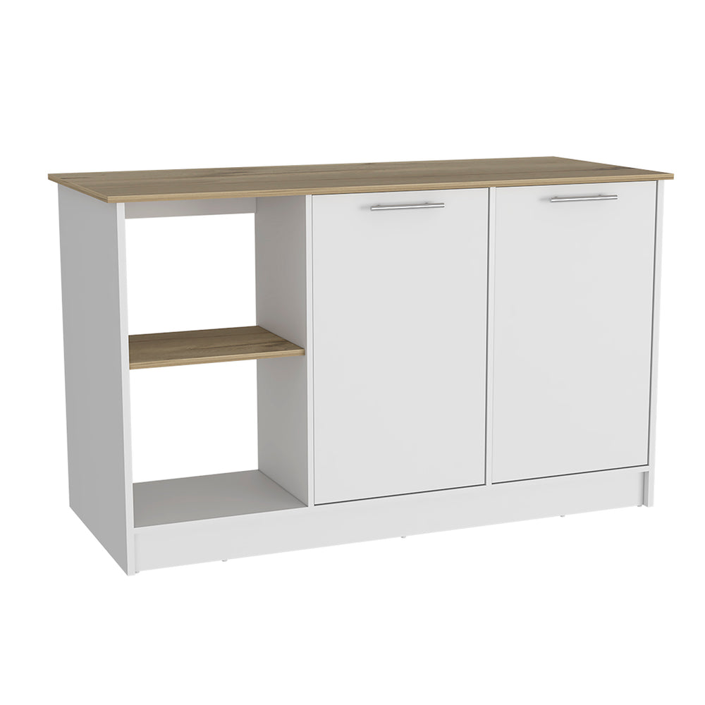 English Elm Juniper Kitchen Island with Large 59" Worktop, 4 Open Shelves & 2 Cabinets in Light Oak/White B200S00128