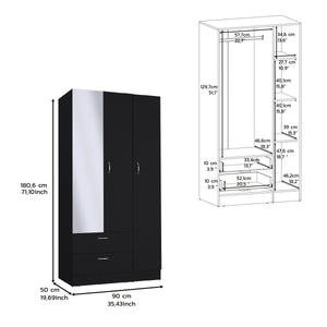 English Elm Riverside Mirrored Armoire with Three Doors, Two Drawers, Four Shelves and Dual Hanging Rods - Stylish Storage for Bedroom Organization Black 71 L x 16.9 W x 3.9 H B200S00276