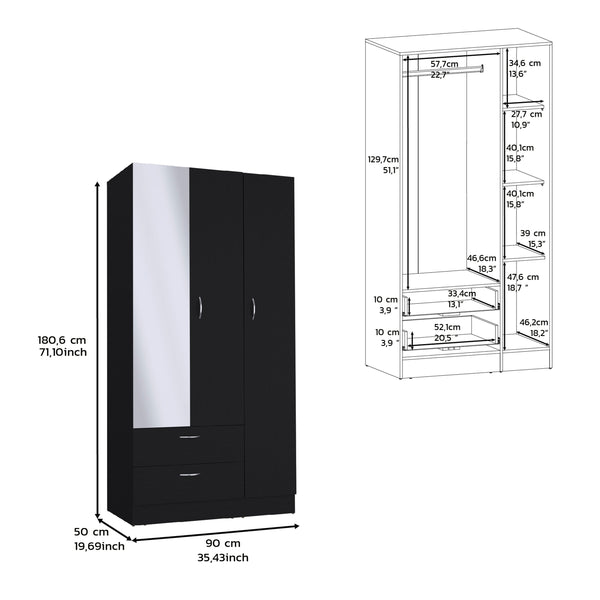 English Elm Riverside Mirrored Armoire with Three Doors, Two Drawers, Four Shelves and Dual Hanging Rods - Stylish Storage for Bedroom Organization Black 71 L x 16.9 W x 3.9 H B200S00276