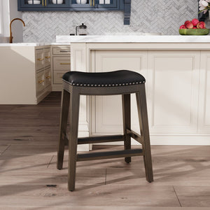 English Elm 24" Counter Height Saddle Stool Weathered Gray with Black Bonded Leather Seat & Nailhead Trim Durable Hardwood Frame B046109806
