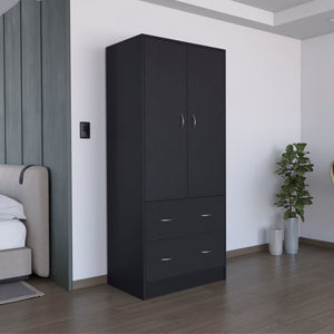 English Elm 71" Modern Black Armoire with 2 Doors, 2 Drawers & Hanging Rod — Durable MDP, Easy Assembly, Compact B097S00073