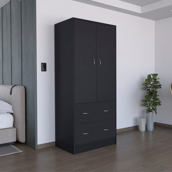 English Elm 71" Modern Black Armoire with 2 Doors, 2 Drawers & Hanging Rod — Durable MDP, Easy Assembly, Compact B097S00073