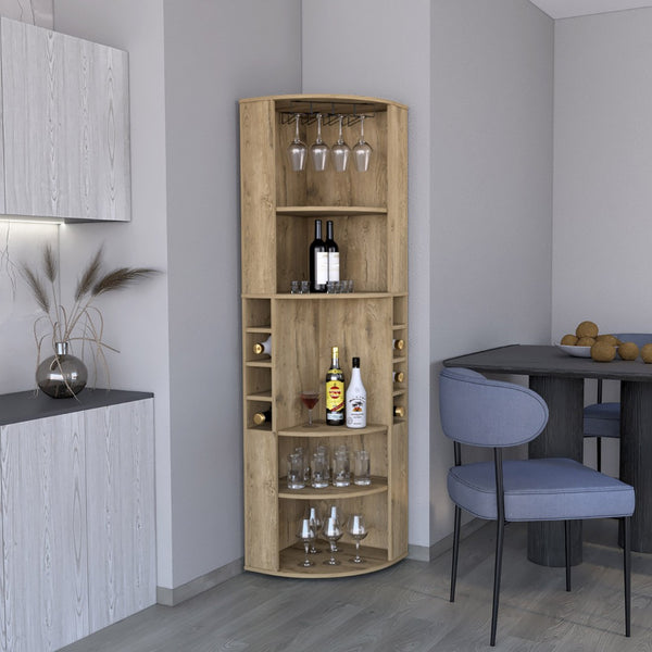 English Elm 71" Corner Bar Cabinet with Eight Bottle Cubbies Five Shelves White Laminate Finish B097S00082