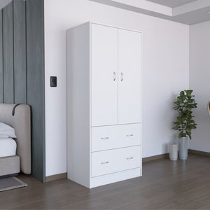 English Elm Armoire 71" H White - Compact 2-Door Closet with 2 Drawers, Hanging Rod, Durable MDP Finish B097S00072