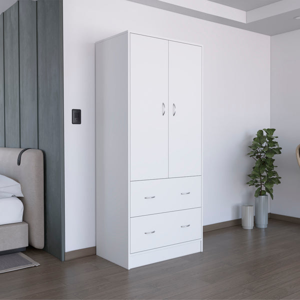 English Elm Taly Spacious Armoire with Double Doors, Two Drawers & Hanging Rod — Tall Laminate Storage Cabinet White 35.4 L x 23.6 W x 5.9 H B200S00373