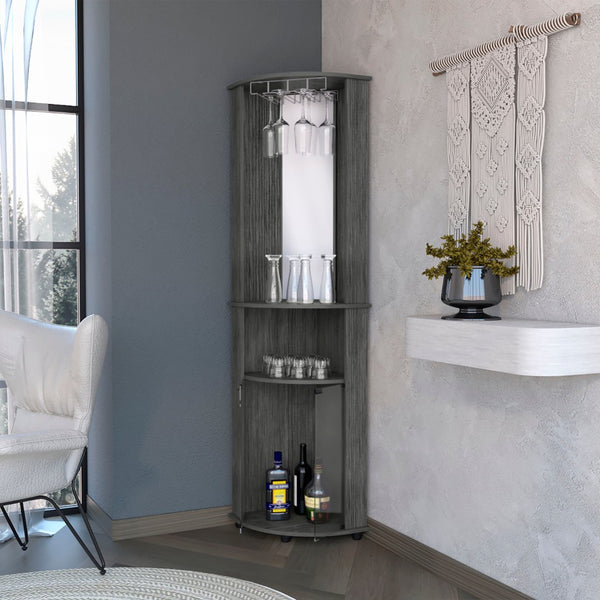 English Elm Smokey Oak Corner Bar Cabinet - Elegant 3-Tier Shelf With Glass Display & Wine Rack For Home Entertaining B062P175172-GIGA