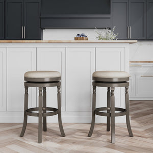 English Elm 30" Bar Stool - Weathered Gray With Beige Fabric Seat, 360° Swivel, Durable Construction & Style B04660733