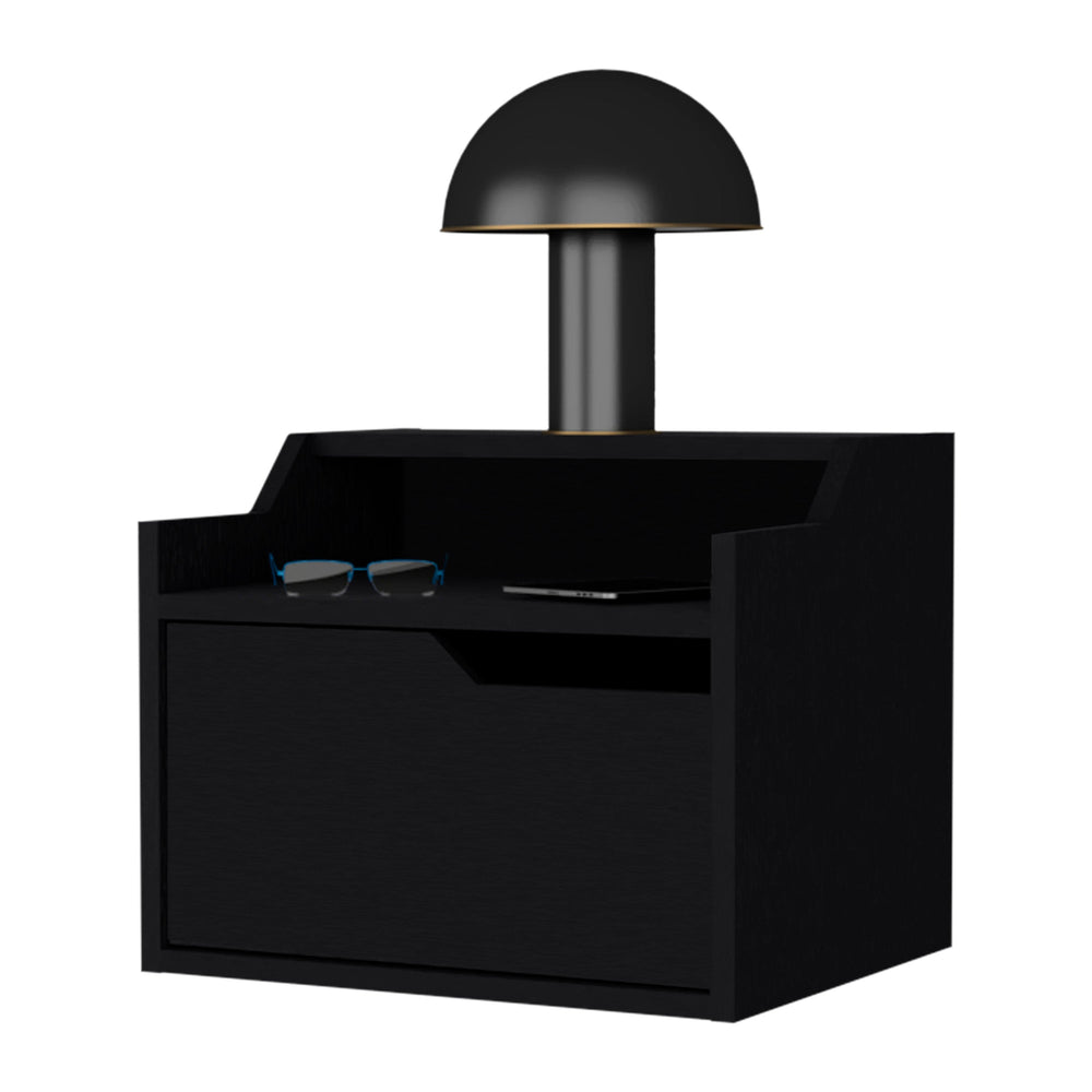 English Elm Wenge Floating Nightstand with Drawer and Dual Display Shelves — Modern Wall-Mounted Accent, Sleek Storage B062P175147