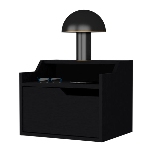 English Elm Wenge Floating Nightstand with Drawer and Dual Display Shelves — Modern Wall-Mounted Accent, Sleek Storage B062P175147