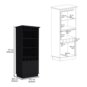 English Elm 70"h Tall Bar Cabinet with Wine Rack Glass Doors and Open Shelves for Dining Room Black B097S00080