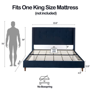 English Elm Peyton Upholstered King Bed - Luxurious Blue Velvet, 54" Wingback Headboard With Nailhead Trim & Easy Setup B083P152029-GIGA