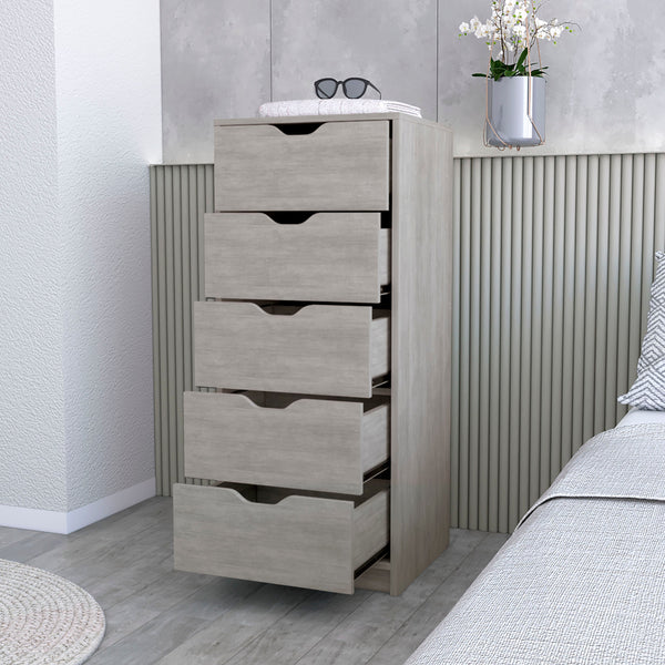 English Elm Concrete Gray 5-Drawer Narrow Dresser – Sleek Concrete Gray Finish, Oversized Storage, Durable Design B062P175163