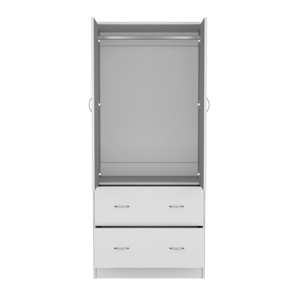 English Elm Armoire 71" H White - Compact 2-Door Closet with 2 Drawers, Hanging Rod, Durable MDP Finish B097S00072