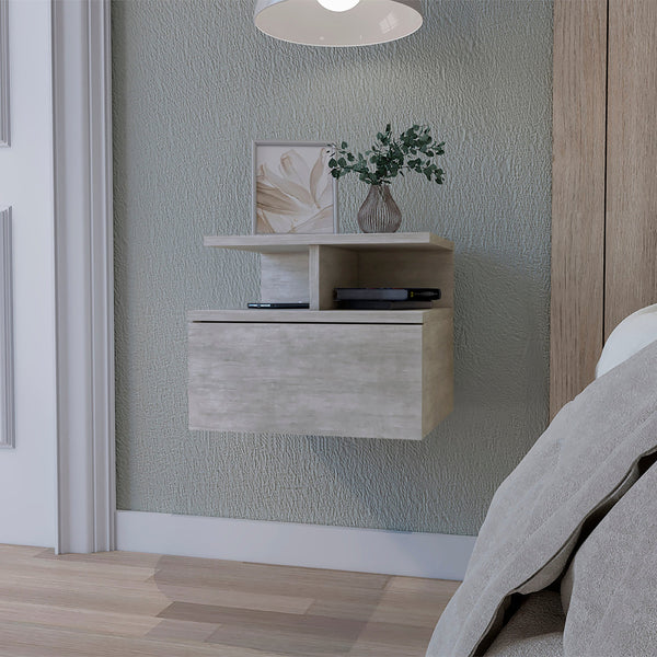 English Elm Concrete Gray Floating Nightstand with Drawer & 2-Tier Shelf, Wall-Mount Organizer for Small Spaces and Modern Bedrooms B062P175169