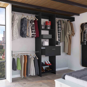 English Elm Manchester versatile closet organizer system with five open shelves, drawer and three metal rods for streamlined storage and durable particleboard design Black 82.7 L x 20.9 W x 3.9 H B070S00135