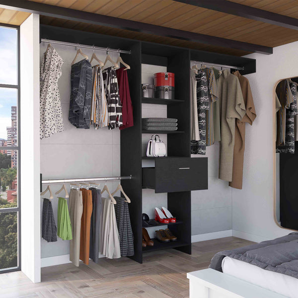 English Elm Manchester chic closet organizer with five open shelves, drawer and three metal rods for versatile storage and display Black 82.7 L x 20.9 W x 3.9 H B200S00135