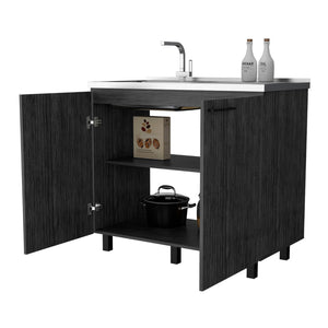 English Elm Smokey Oak Utility Sink Cabinet with Aluminum Countertop for Mudroom or Laundry Room B062S00392