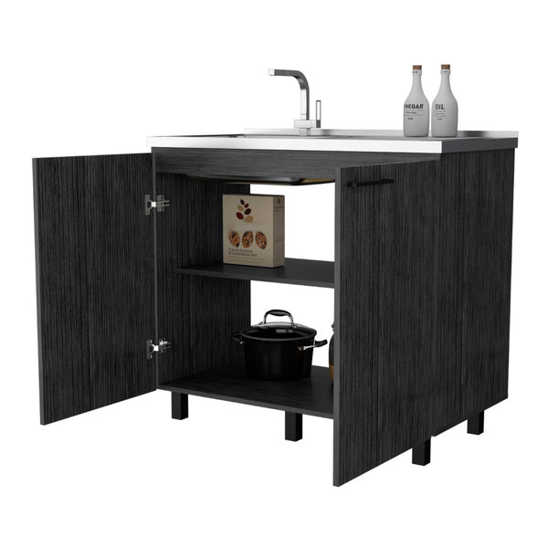 English Elm Smokey Oak Utility Sink Cabinet with Aluminum Countertop for Mudroom or Laundry Room B062S00392