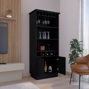 English Elm Dundee 70 Inch Glass Panel Bar Cabinet with Open Cubbies and Enclosed Storage Shelving B200S00386