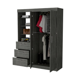English Elm Smokey Oak Armoire with 2 Doors, 2 Hanging Rods, 3 Drawers & Shelves — Spacious 79" H Storage Solution B062S00552