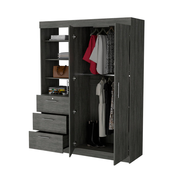 English Elm Smokey Oak Armoire with 2 Doors, 2 Hanging Rods, 3 Drawers & Shelves — Spacious 79" H Storage Solution B062S00552