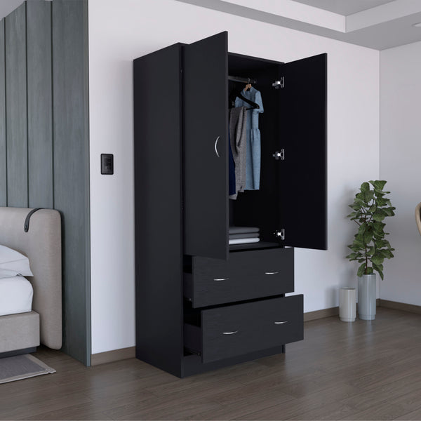 English Elm 71" Modern Black Armoire with 2 Doors, 2 Drawers & Hanging Rod — Durable MDP, Easy Assembly, Compact B097S00073