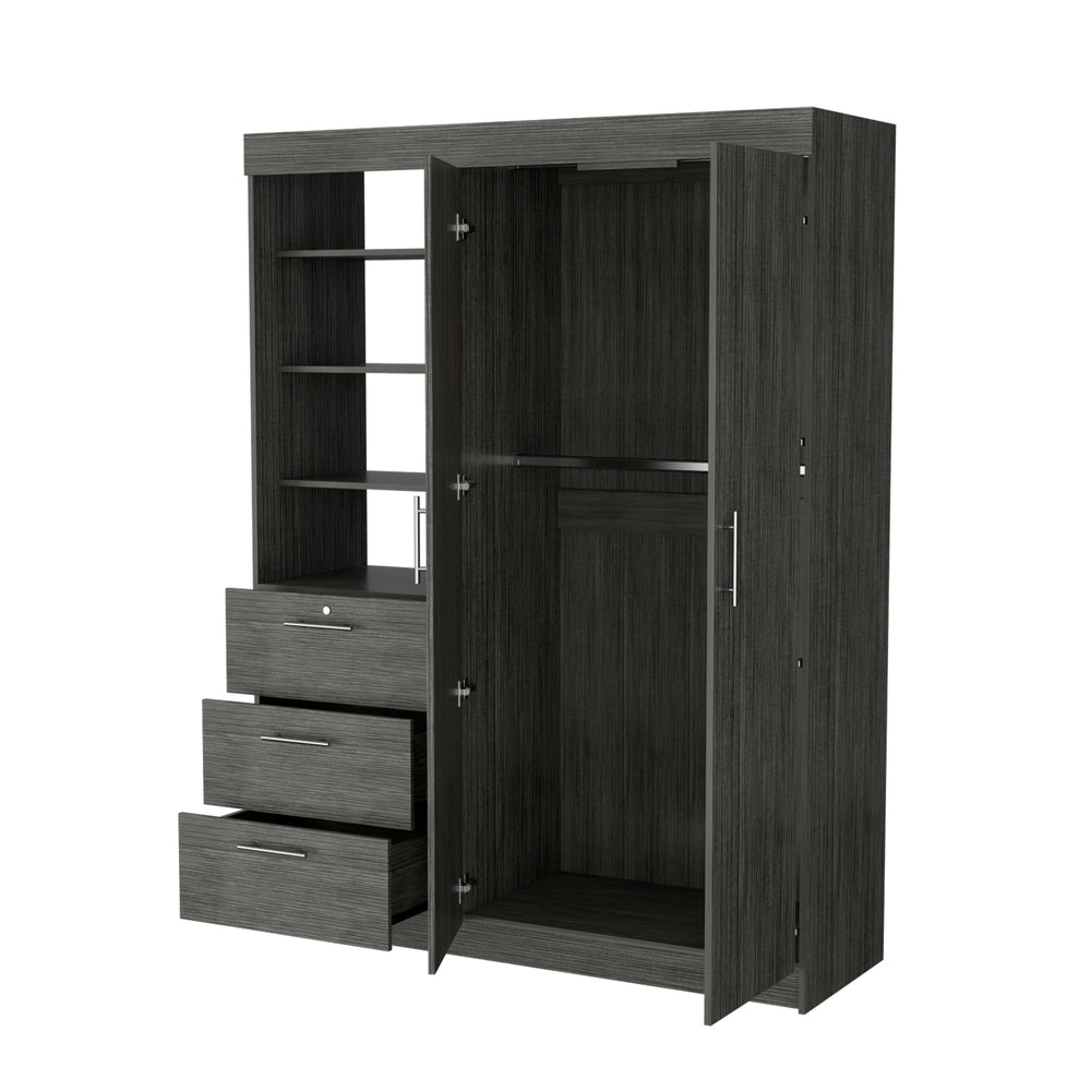 English Elm Smokey Oak Armoire with 2 Doors, 2 Hanging Rods, 3 Drawers & Shelves — Spacious 79" H Storage Solution B062S00552